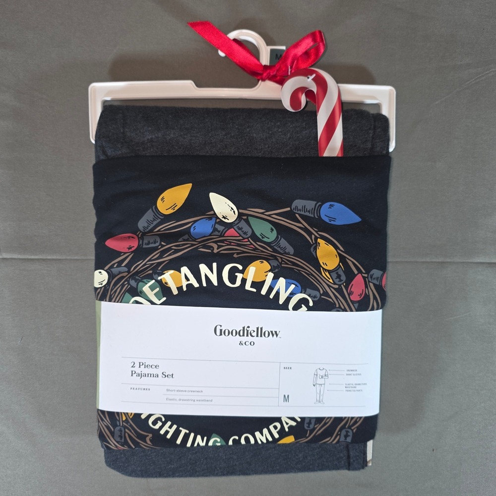 Goodfellow & Co Mens 2 Piece Pajama Set Christmas Lights Black Charcoal Medium